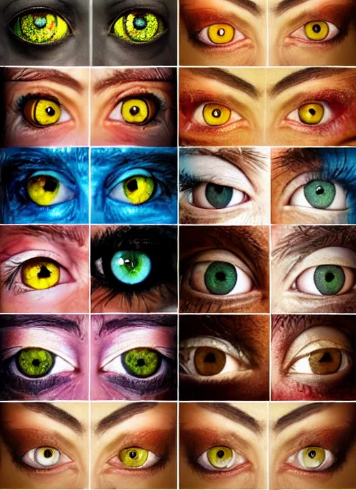 Image similar to grid montage of eyes, detailed colored textures, eyelashes, advanced art, art styles mix, from wikipedia, wet relections in eyes, sunshine, hd macro photograph, from side, various eye shapes, spherical black pupil