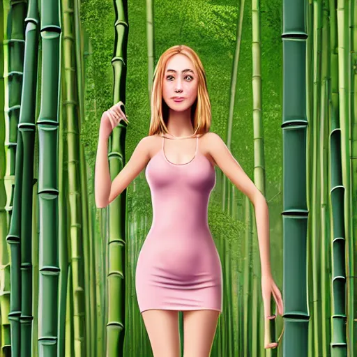 Image similar to A giantess with a beautiful face,green eyes,cute nose and pink lips, wearing a sundress and sandals, walking in a bamboo forest ,detailed body and eyes,proper anatomy, bamboo forest in the background, beautiful lighting,,digital art , highly detailed , high contrast, beautiful lighting, award winning , trending on art station, 8k, photo realistic,unreal engine 5