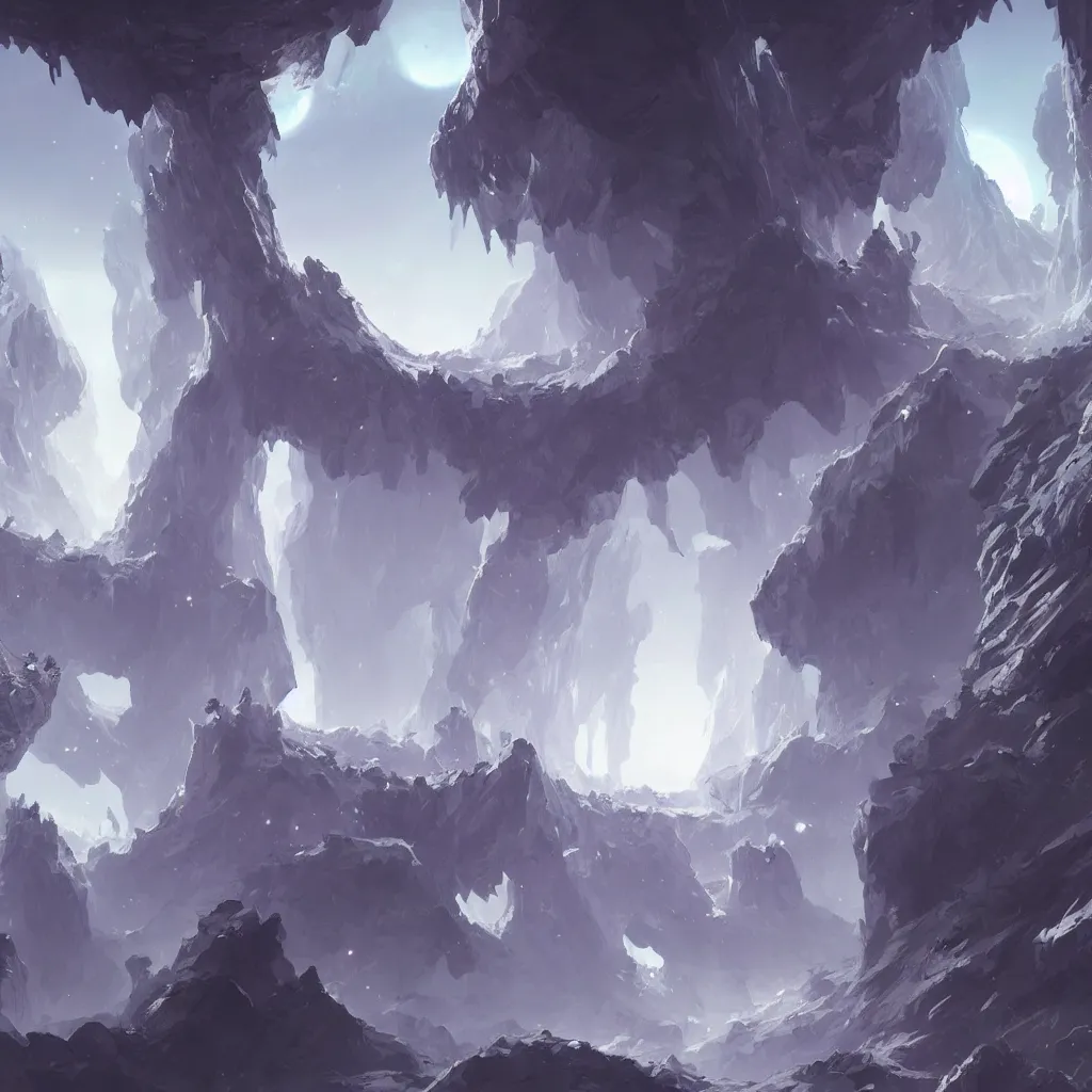 Prompt: no man sky concept art, sci-fi, intricate, elegant, highly detailed, soft white glow, watery cave, tall white glowing mineral veins, digital painting, artstation, concept art, smooth, sharp focus, illustration