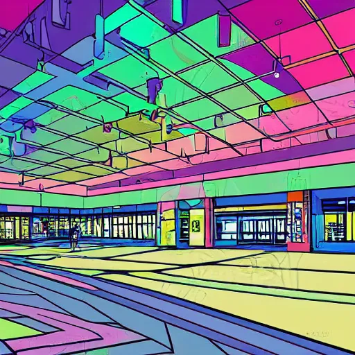 Image similar to illustration in pastel colors of the main atrium of a 1 9 9 0 s mall with abstract neons