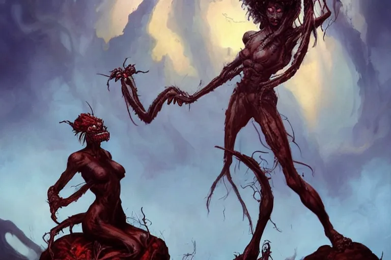 Prompt: An epic painting of a monster woman with giant spider legs and hair needles crawling out of a volcano, illustration, detailed, award-winning, trending on artstation, by Frank Frazetta, by Charlie Bowater, by Mark Brooks, by Richard Corben H-1024