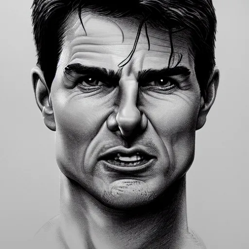 Image similar to caricature of tom cruise, closeup of face, exaggerated features, highly detailed, drawing by mahesh nambiar, sebastian kruger, archille superbi, carola rubio, artstation