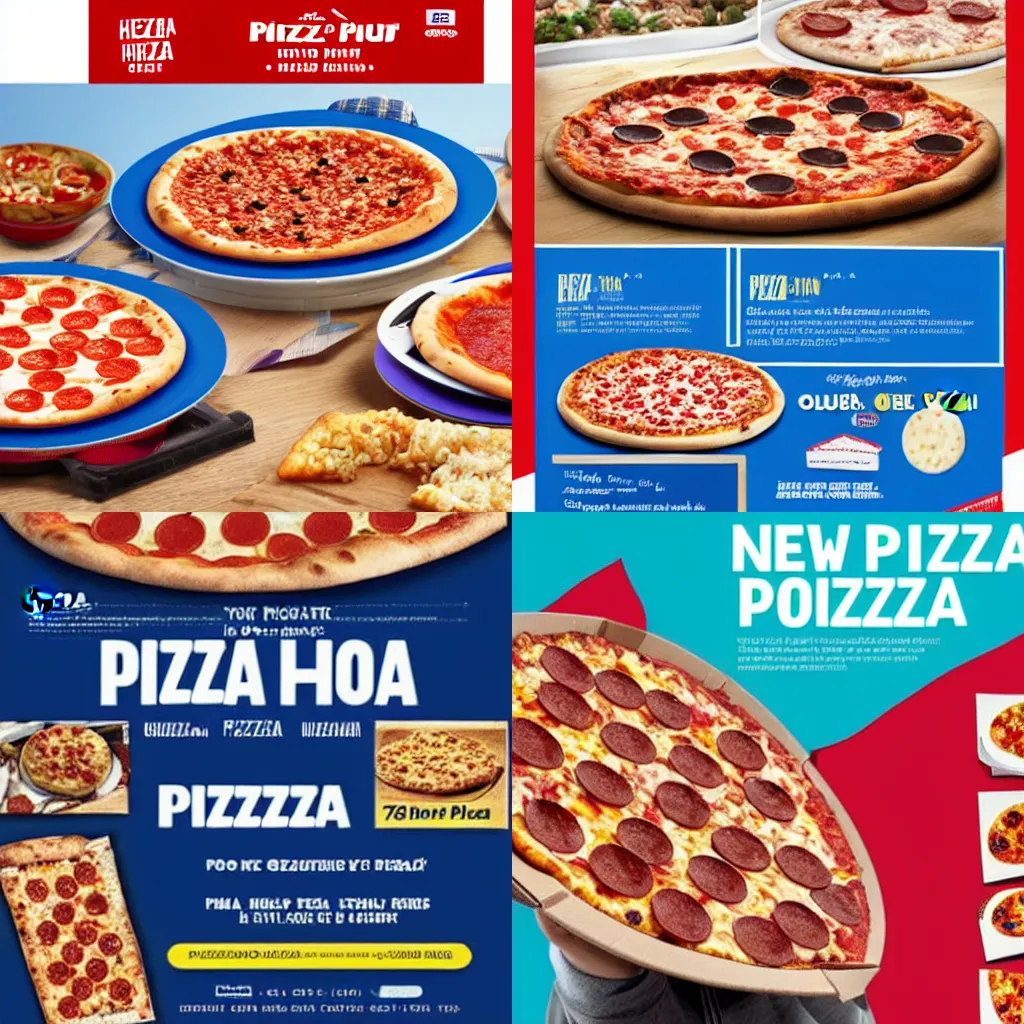 Prompt: new advertisement for pizza hut pizza with blue pepperoni