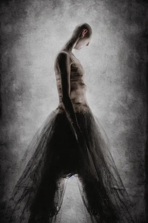 Image similar to dark ballerina, emil melmoth, concept art, deviantart, dark, 3 5 mm, chiaroscuro, surrealist, victorian, mist, filth, dark, on an empty stage from above, symmetrical face