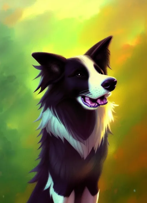 Image similar to wide angle beautiful full body portrait of a cute male anthro border collie fursona with two legs posing in front of a park, character design by charlie bowater, henry asencio, and ross tran, furry art, furaffinity, beautiful, glamor pose, detailed, aesthetic, trending on artstation