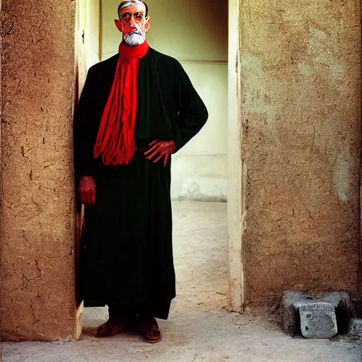 Image similar to portrait of president woodrow wilson as afghan man, green eyes and red scarf looking intently, photograph by steve mccurry