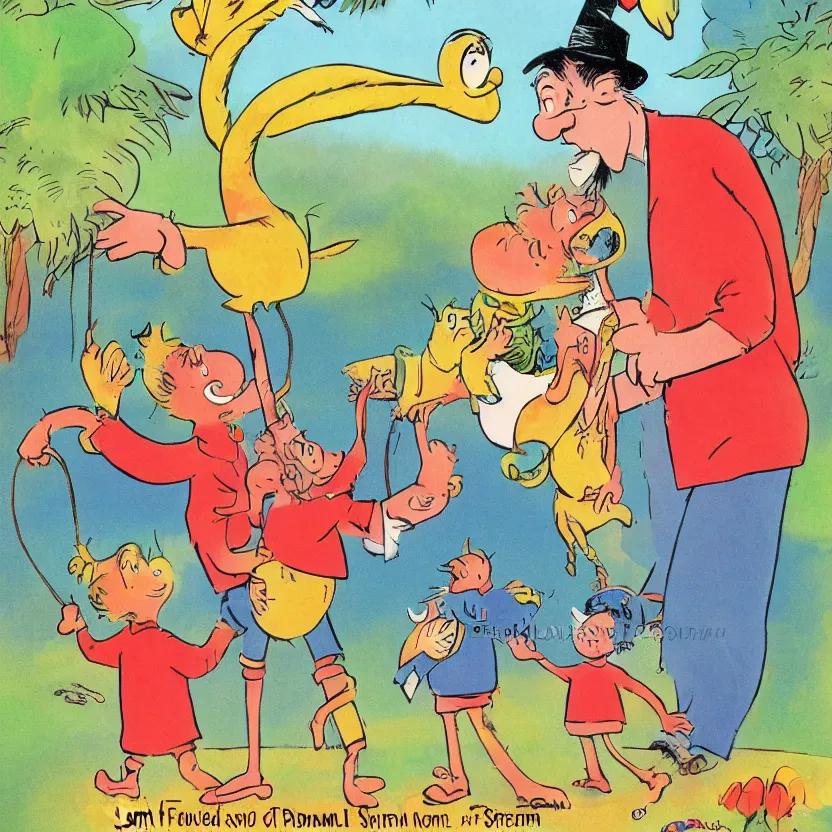 Prompt: small child swung between a mommy and a daddy at a zoo, by Dr. Seuss and Don Freeman, illustration, warm colors, award winning