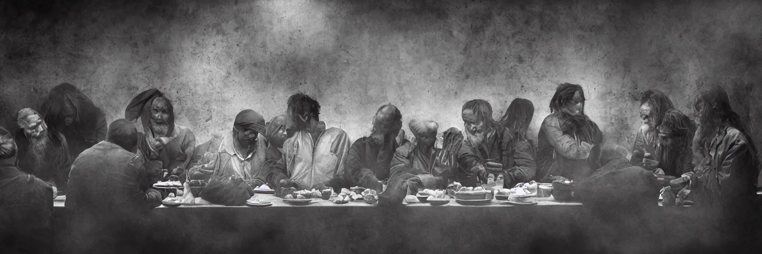 Image similar to Award Winning Editorial wide-angle picture of a Tramps in a new York Soup Kitchen by David Bailey and Lee Jeffries, called 'The Last Supper', 85mm ND 5, perfect lighting, gelatin silver process