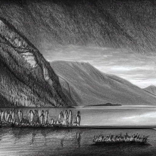 Prompt: a drawing of lago di sorapis, in the style of den yakovlev, black and white, hyper realistic, highly detailed