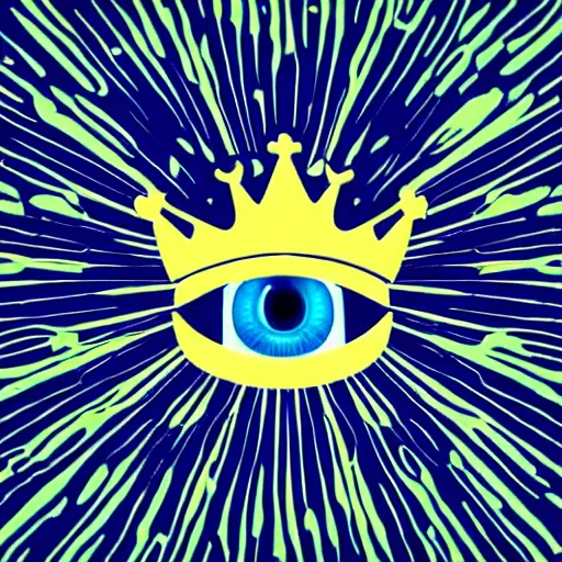 Image similar to a glowing crown sitting on a table with one beautiful eye mounted on it like a jewel, night time, vast cosmos, curly light rays, bold black lines, flat colors, minimal psychedelic 2 0 0 0 s magazine illustration