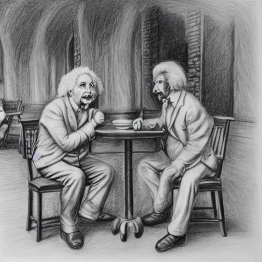 Prompt: Einstein and Newton sitting at cafe, pencil drawing, ultra detailed