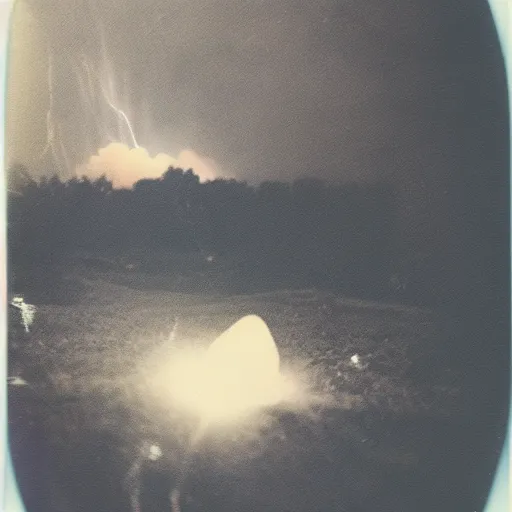 Image similar to polaroid photo of a cat watching a mushroom cloud in the background