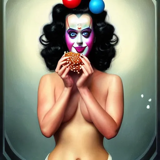 Prompt: portrait of katy perry in clown makeup eating hamburgers, extra onions and ketchup, luscious patty with sesame seeds, feminine ethereal, handsome, d & d, fantasy, intricate, elegant, highly detailed, digital painting, artstation, concept art, matte, sharp focus, illustration, art by artgerm and greg rutkowski and alphonse mucha