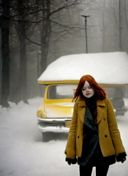 Prompt: emma stone getting out of taxi in winter, faded color film, russian cinema, tarkovsky, kodachrome, old clothing, heavy fog, 4 k, dramatic lighting, greg rutkowski