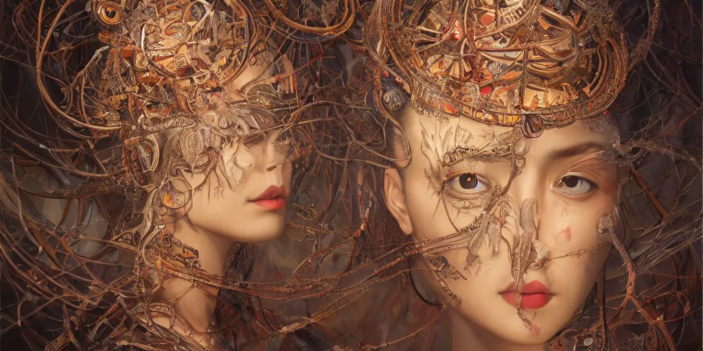 Prompt: hyperrealistic photography of a highly detailed and symmetrical gorgeous nepalese female demigorgon deconstructing a poetry machine in the style of Jin Kagetsu, James Jean and wlop, highly detailed, face symmetry, masterpiece, award-winning, sharp focus, intricate concept art, ambient lighting, 8k, artstation