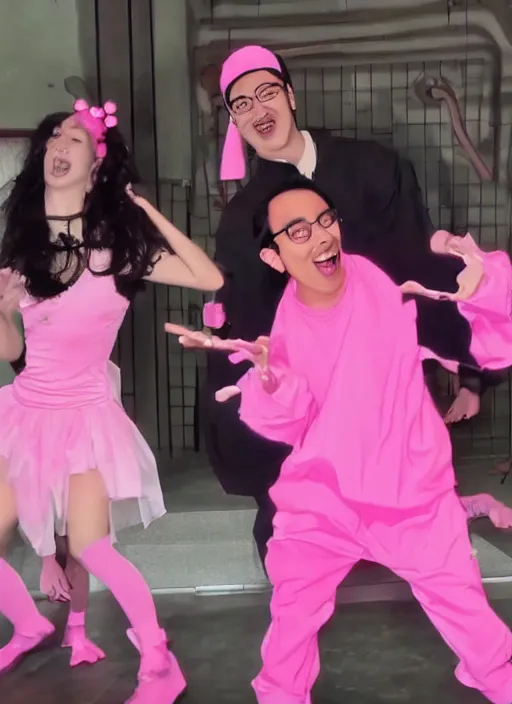 Image similar to goji singing in an scenario while filthy frank dances next to him in a pink outfit