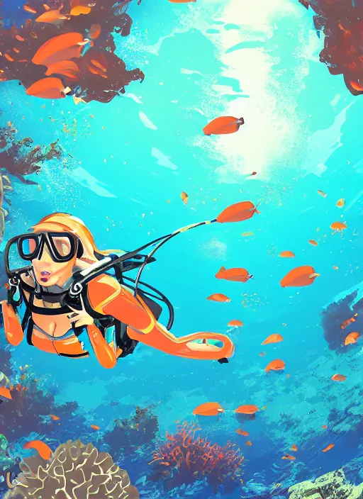 Image similar to Sloth scuba diving. In anime style. Explosions, tilt and orange, ultrawide angle, panoramic, fish eye, colorfull illustration