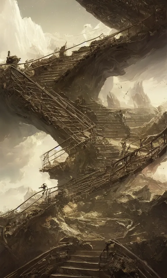 Image similar to endless stairs to universe, sky full of clouds, art by greg rutkowski and peter mohrbacher, featured in artstation, octane render, cinematic, elegant, intricate, ultra detailed, rule of thirds, professional lighting, unreal engine, fantasy, concept art, sharp focus, illustration, 8 k