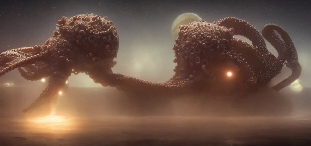 Prompt: a robotic octopus consuming jupiter, foggy, cinematic shot, photo still from movie by denis villeneuve, wayne barlowe