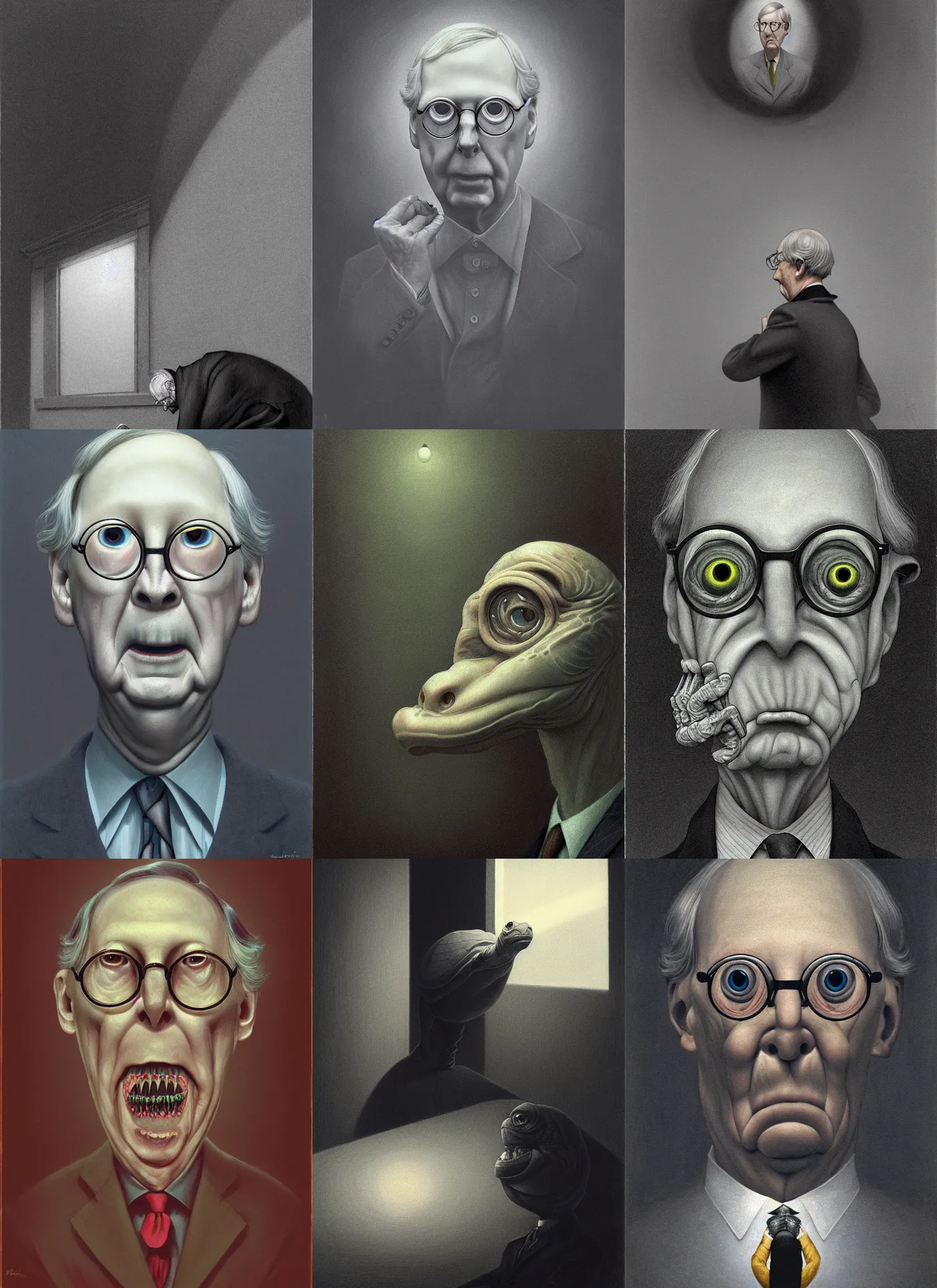 Prompt: Mitch McConnell transforming into his true haunting turtle form, Edward Hopper and James Gilleard, Zdzislaw Beksinski, Mark Ryden, Wolfgang Lettl highly detailed, hints of Yayoi Kasuma