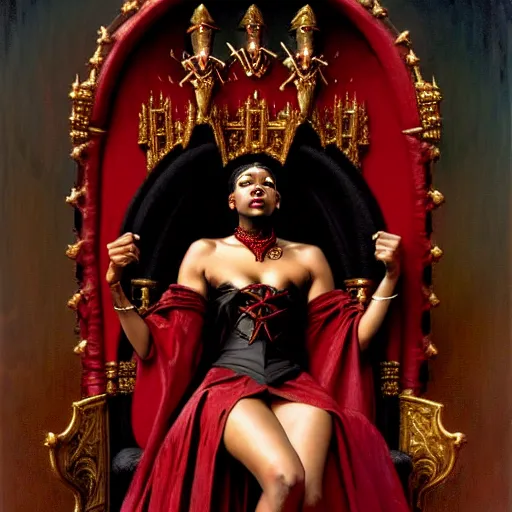 Image similar to full body portrait of black skinned, masked queen in red gothic robes sitting on a throne of bones, elegant, highly detailed painting by gaston bussiere, craig mullins, j. c. leyendecker, 8 k, mid shot