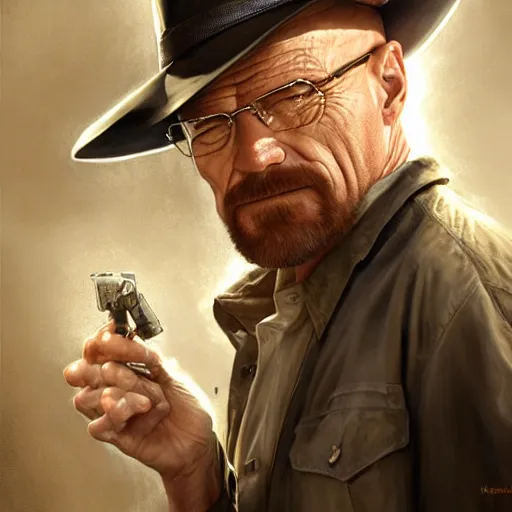 Image similar to walter white as indiana jones, digital painting, extremely detailed, 4 k, intricate, brush strokes, mark arian, artgerm, bastien lecouffe - deharme