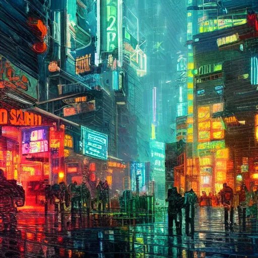 Image similar to an impressionist oil painting of a cyberpunk dystopian city with a lot of neon signs