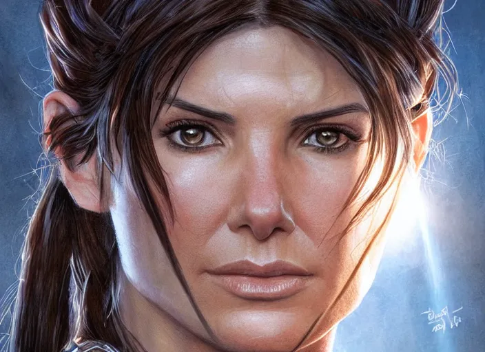 Image similar to face portrait of concentrated young Sandra Bullock as Lara Croft entering the large Minas Tirith gate, sun beams, intricate, elegant, highly detailed, centered, digital painting, artstation, concept art, smooth, sharp focus, illustration, Allan Lee, John Howe