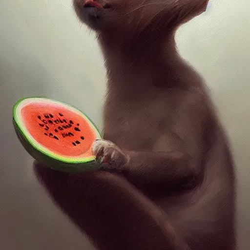 Image similar to very detailed masterpiece painting of a cat eating a melon, portrait, artstation, concept art by greg rutkowski