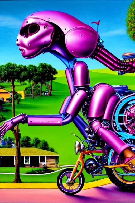 Image similar to a hyperrealistic painting of a mechanical motorcycle creature in a suburban neighborhood on a sunny day, by chris cunningham and richard corben, lisa frank, highly detailed, vivid color,