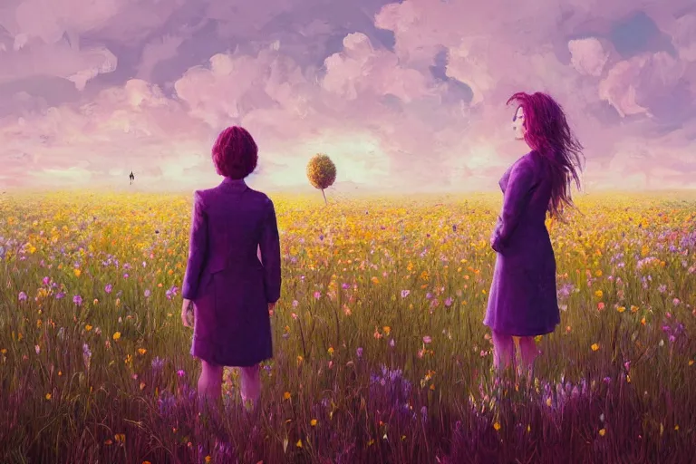 Image similar to giant thistle flower head, girl in suit in field of flowers, surreal photography, sunrise, blue sky, dramatic light, impressionist painting, digital painting, artstation, simon stalenhag