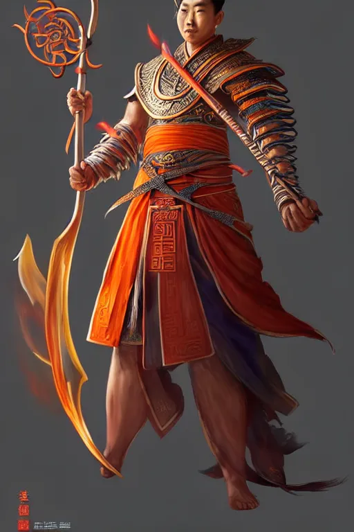 Image similar to handsome nezha, highly detailed, man holding spear, flame everywhere, epic pose, masterpiece chinese fantasy character portrait, highly detailed, digital painting, trending on artstation, concept art, sharp focus, illustration, global illumination, ray tracing, realistic shaded, art by artgerm and greg rutkowski and fuji choko and viktoria gavrilenko and hoang lap