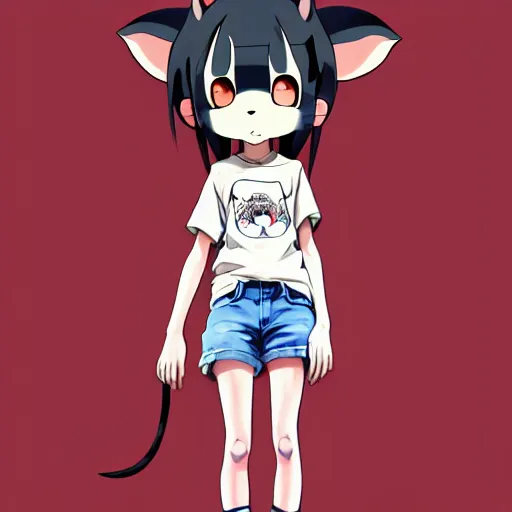 Prompt: a full body portrait of an anthropomorphic rat girl with large rat ears, and a long rat tail, dressed in a tee shirt and combats, finely detailed features, single subject, gapmoe yandere grimdark, trending on pixiv fanbox, by makoto shinkai takashi takeuchi studio ghibli, akihiko yoshida