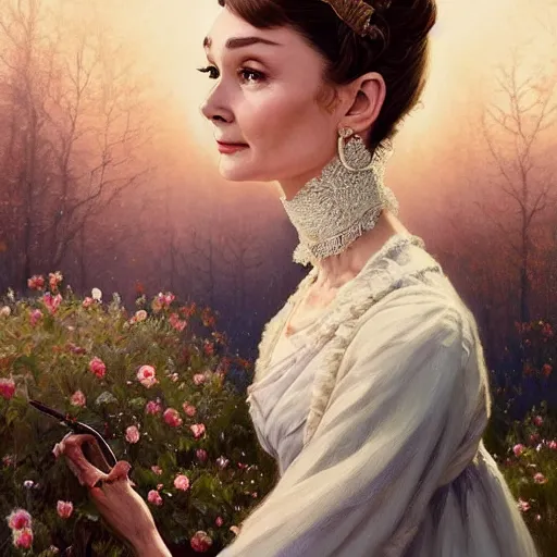 Image similar to audrey hepburn in an epic victorian novel, various backgrounds, intricate, elegant, highly detailed, digital painting, artstation, matte, illustration, art by artgerm, greg rutkowski, loish, rhads, ferdinand knab, makoto shinkai, lois van baarle, ilya kuvshinov, rossdraws, tom bagshaw