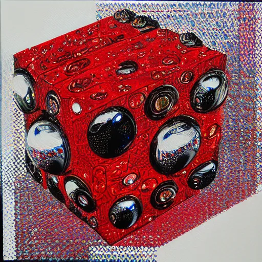 Image similar to chrome spheres on a red cube by ayami kojima