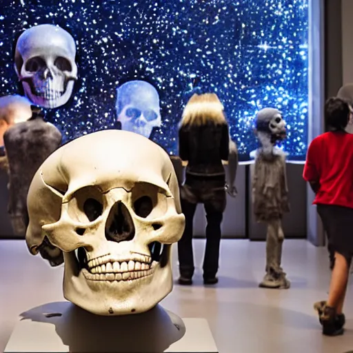 Image similar to Human skull in a museum with alien tourists looking at it, alien language, science fiction