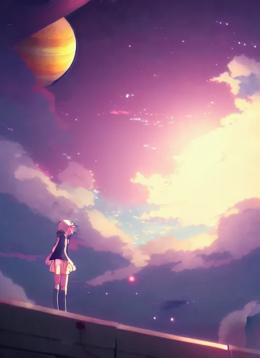 Image similar to anime girl floating against the backdrop of dawn, saturn in the background, illustration, concept art, anime, key visual, trending pixiv fanbox by wlop and greg rutkowski and makoto shinkai and studio ghibli