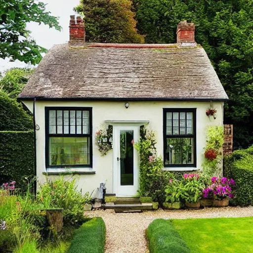 Prompt: a quaint cottage made from glass, surrounded by a beautiful English garden, set in the English countryside, landscape architecture photo