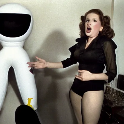 Image similar to bored housewife wearing an inflatable cartoon face meets a handsome man in a seedy motel room, 1982 color Fellini film, archival footage, technicolor film, 16mm, wacky children's tv with anthropomorphic head