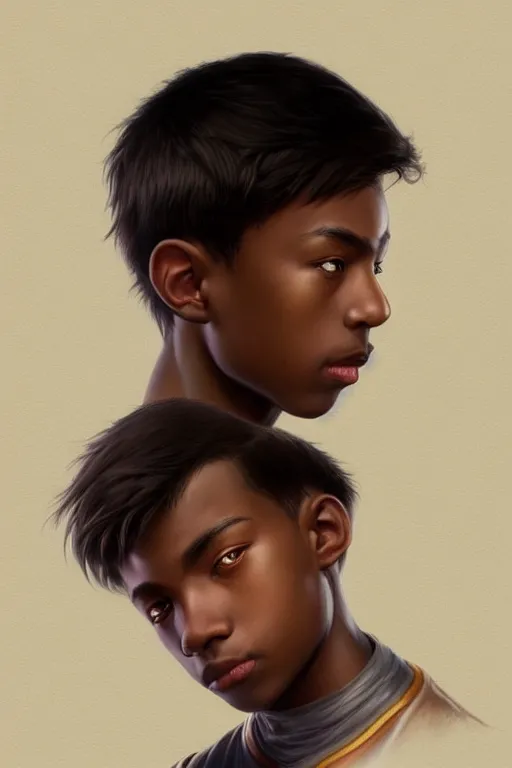 Image similar to young teenager boy with straight short brown hair, dark skin, big lips. highly detailed, d & d, fantasy, highly detailed, digital painting, trending on artstation, concept art, sharp focus, illustration, art by artgerm and greg rutkowski and fuji choko and viktoria gavrilenko and hoang lap