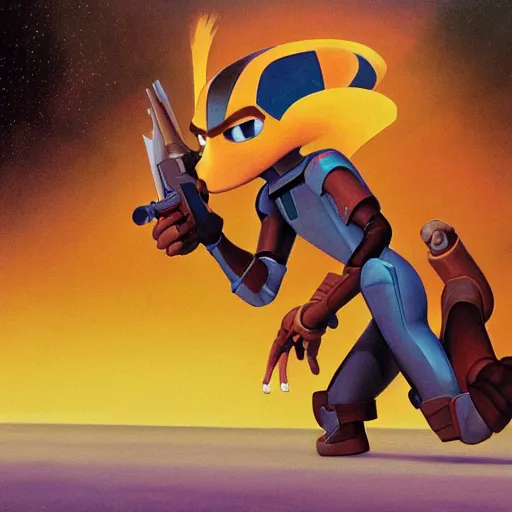 Image similar to ralph mcquarrie concept art for ratchet & clank