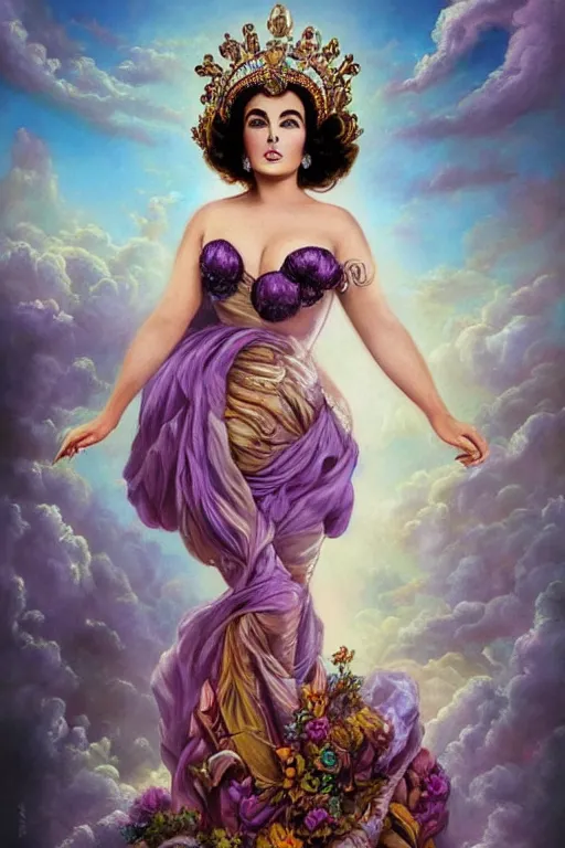 Image similar to center portrait fine art photo of the beauty elizabeth taylor, dramatic pose she has a crown of stunning flowers and dress of purple satin and gemstones, symmetrical realistic eyes, background full of stormy clouds, by peter mohrbacher