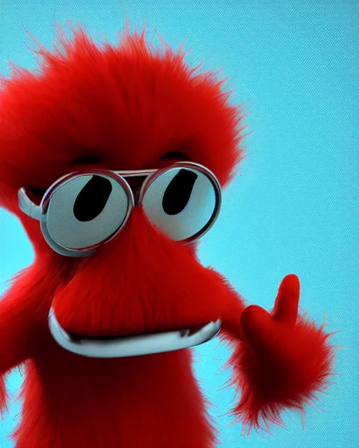 Image similar to 3 d render of completely red hairy friendly antropomorphic cartoony creature wearing chrome shades, without nose, full body, simple, cute, white background, unreal engine 5 hdr