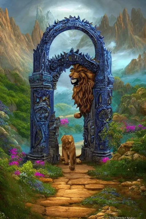 Image similar to A giant medieval fantasy blue energy portal gate with a rusty gold carved lion face at the center of it, the portal takes you to another world, full of colorful flowers on the lost Vibes and mountains in the background, spring, delicate fog, sea breeze rises in the air, by andreas rocha and john howe, and Martin Johnson Heade, featured on artstation, featured on behance, golden ratio, ultrawide angle, f32, well composed, rule of thirds, center spotlight, low angle view