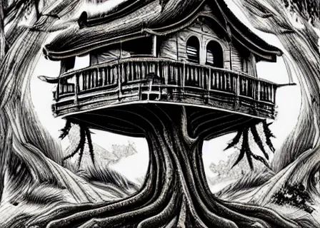 Image similar to Steampunk tree house, yuumei , spanish moss, cozy afternoon, super realistic, ink drawing