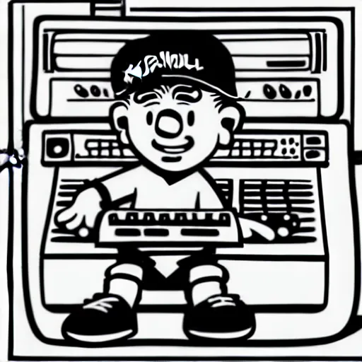 Image similar to cartoon line drawing illustration, in fine detail, of a kid wearing a baseball cap, playing a Korg MS-20 synthesizer, in the style of The Beano, sharpie, black and white, long shot, white background, marker pen, graffiti character, 90s cartoon, Dennis the menace, Calvin and hobbies