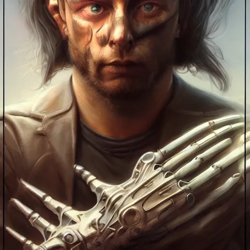 Image similar to portrait, augmented cybernetic male metal band member, stern expression, long hair, highly detailed, digital painting, artstation, concept art, smooth, sharp focus, illustration, artgerm, tomasz alen kopera, peter mohrbacher, donato giancola, joseph christian leyendecker, wlop, frank frazetta