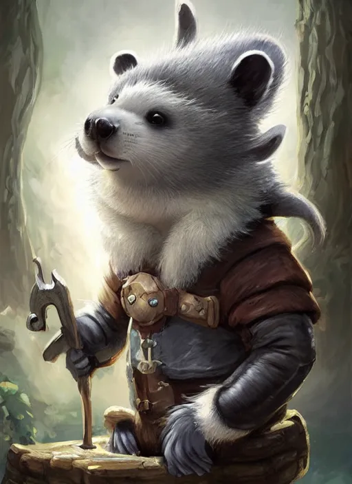 Prompt: cute little anthropomorphic skunk sealer wearing hood of the woodchuckfolk, tiny, small, miniature animal, baby animal, short, pale black armor, cute and adorable, pretty, beautiful, DnD character art portrait, matte fantasy painting, DeviantArt Artstation, by Jason Felix by Steve Argyle by Tyler Jacobson by Peter Mohrbacher, cinematic lighting