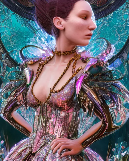 Image similar to a highly detailed metahuman 8 k close up render of bella hadid as alice in wonderland renaissance in iris van herpen dress schiaparelli in diamonds crystals swarovski and jewelry iridescent in style of alphonse mucha gustav klimt trending on artstation made in unreal engine 4