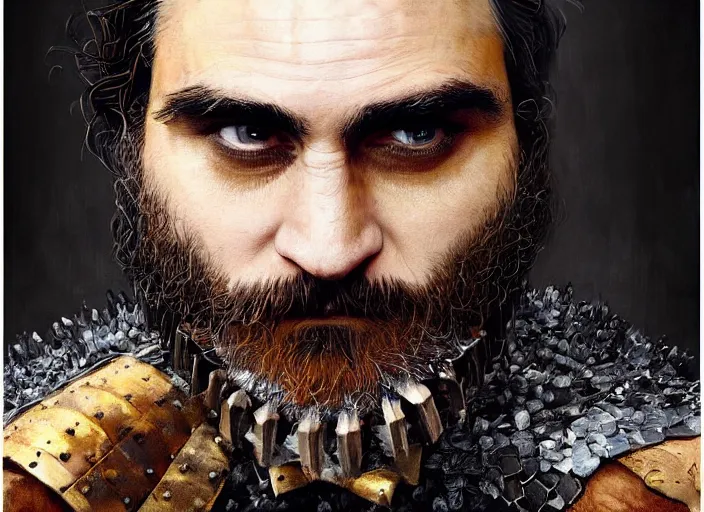 Image similar to digital painting of joaquin phoenix wearing armor made of animals, cow horns, pig nose, sheep wool, chicken feather armor, majestic, by anna podedworna and miklos ligeti, diego maricato, taran fiddler, antonino truisi, chris reddie, jinsung lim, on artstation